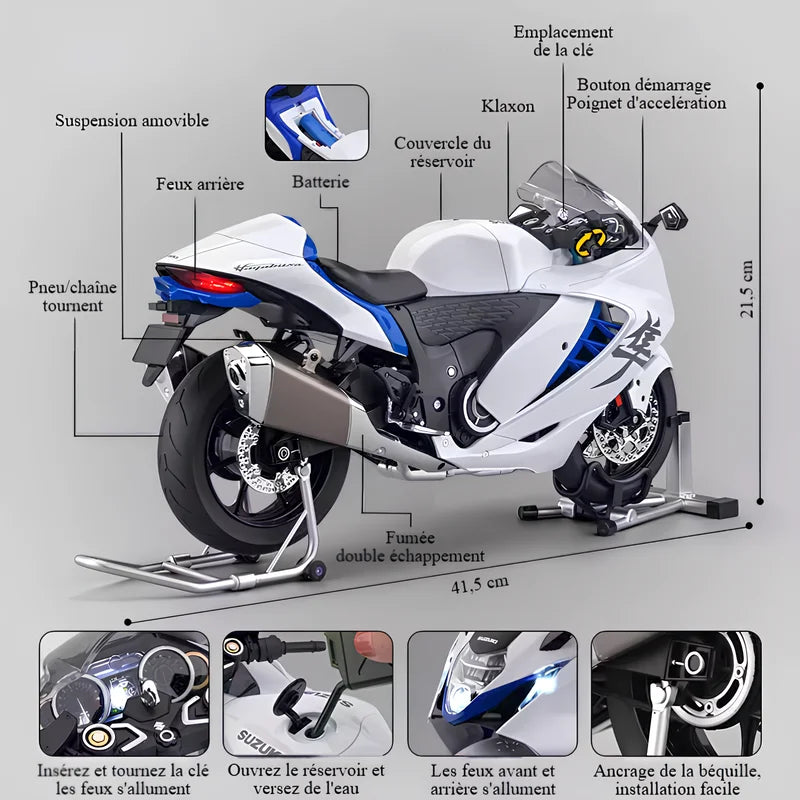 Photo détaillée de la moto miniature Suzuki Hayabusa 1/6 avec quatre zooms et flèches indiquant les fonctions clés : emplacement de la clé, bouton démarrage, poignée d’accélération, feux avant et arrière, compartiment à eau, béquille amovible, fumée double sortie, dimensions et accessoires, mettant en avant l’expérience interactive et réaliste.
