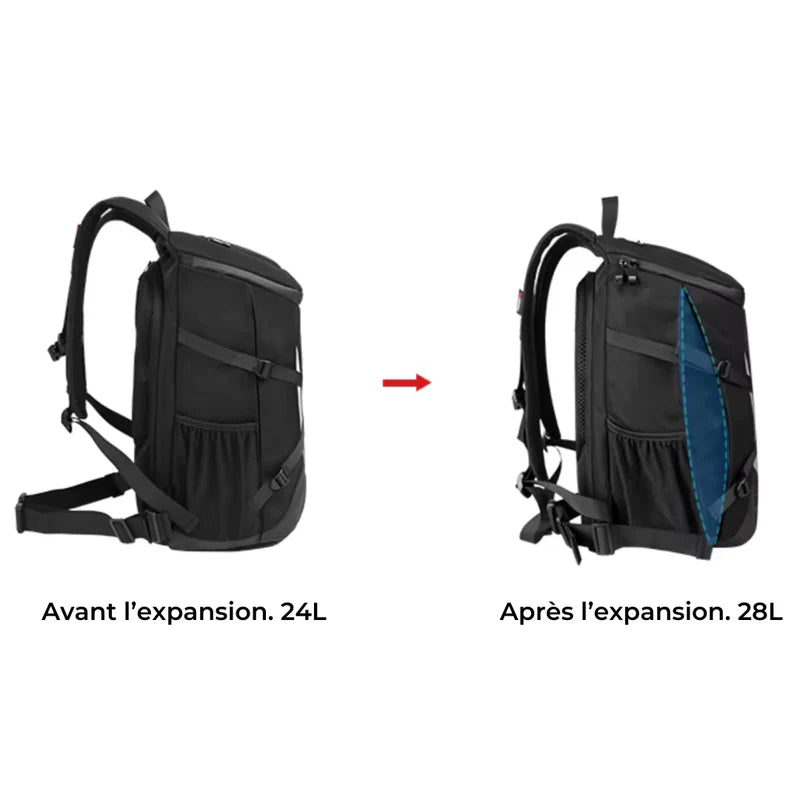 Comparatif du sac Motocentric avant et après expansion de 24 à 28 litres