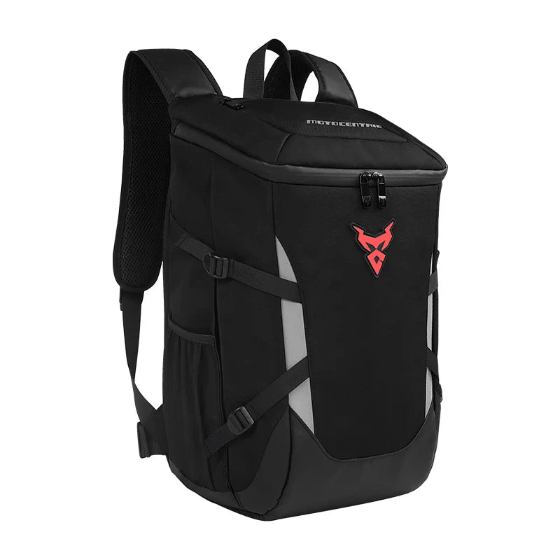 Sac à dos Motocentric avec logo rouge, vue de face sur fond blanc