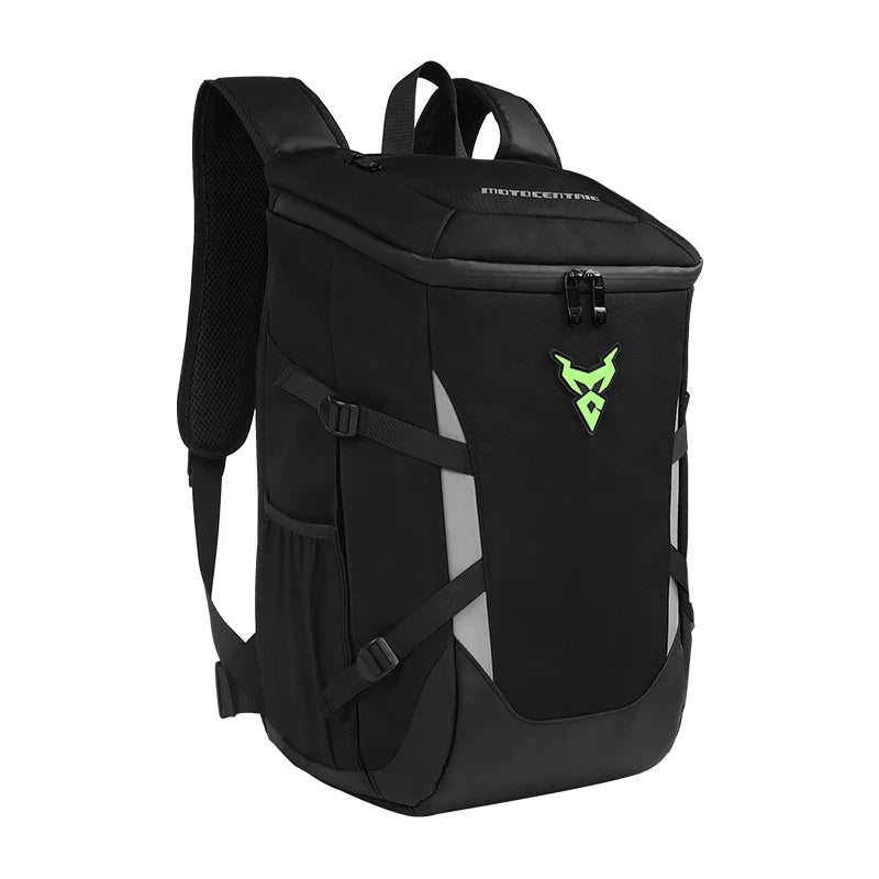 Sac à dos Motocentric avec logo vert, vue de face sur fond blanc