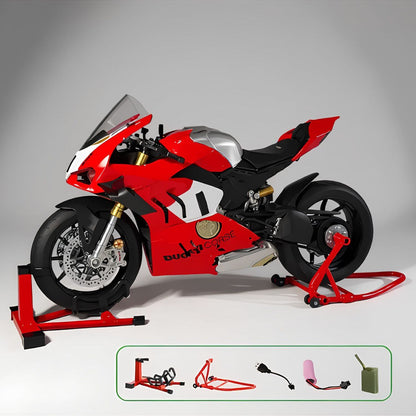 Photo de la moto Ducati Panigale miniature et de ses accessoires, incluant un chargeur, une batterie, un réservoir d'eau, et des béquilles d'atelier.