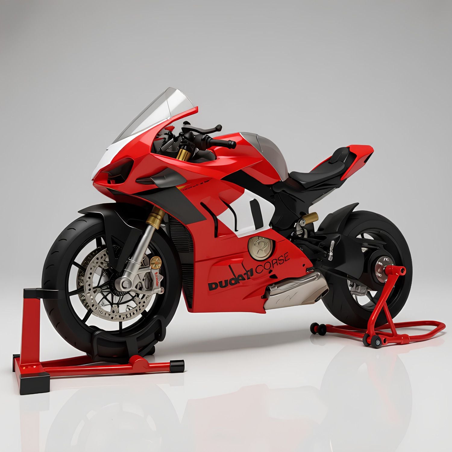 Vue de côté de la moto Ducati V4R mettant en valeur son design sportif et ses fonctions interactives.