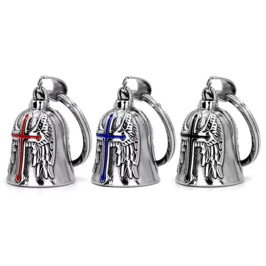 Vue des 3 clochettes Guardian Bell pour moto – croix rouge, bleue et noire.