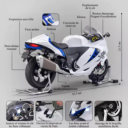 Photo détaillée de la moto miniature Suzuki Hayabusa 1/6 avec quatre zooms et flèches indiquant les fonctions clés : emplacement de la clé, bouton démarrage, poignée d’accélération, feux avant et arrière, compartiment à eau, béquille amovible, fumée double sortie, dimensions et accessoires, mettant en avant l’expérience interactive et réaliste.