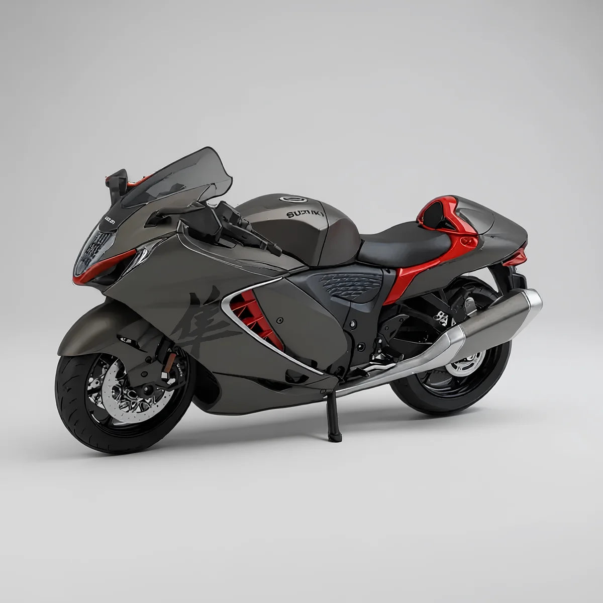 Miniature moto Suzuki Hayabusa grise échelle 1:9 - Vue latérale droite avec phares fonctionnels et détails authentiques