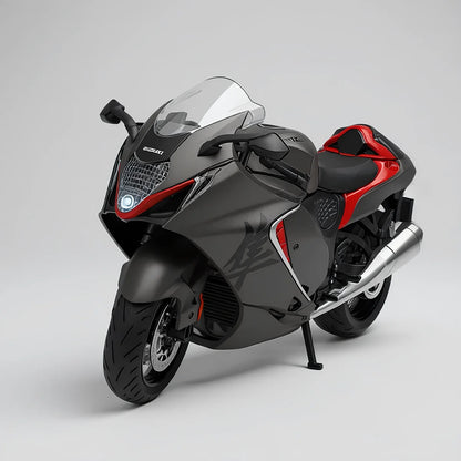 Miniature moto Suzuki Hayabusa grise échelle 1:9 - Vue trois-quarts avant avec carénage détaillé et guidon articulé