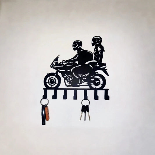 Support de clés mural DUO MOTARD en métal noir, avec deux clés accrochées.